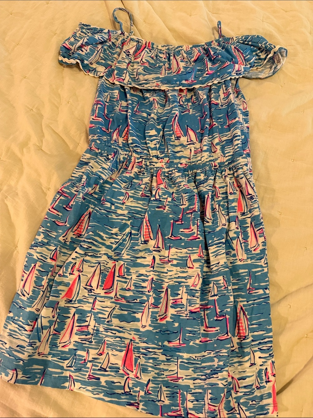 Lilly Pulitzer Girls Blue Sailboat Print Off-Shoulder Dress